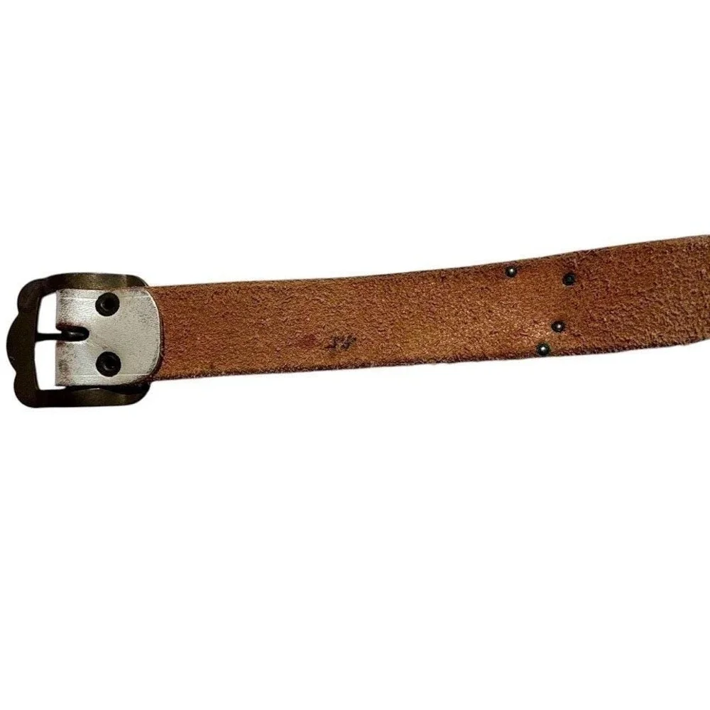 Vintage White‎ Leather Belt Brass Cow Herder Swiss Folk Art Cottagecore 33 Inch